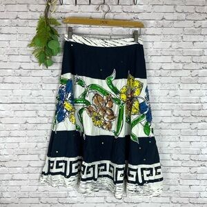 Bernardo Navy Blue Sequin Floral Print A Line Midi Skirt